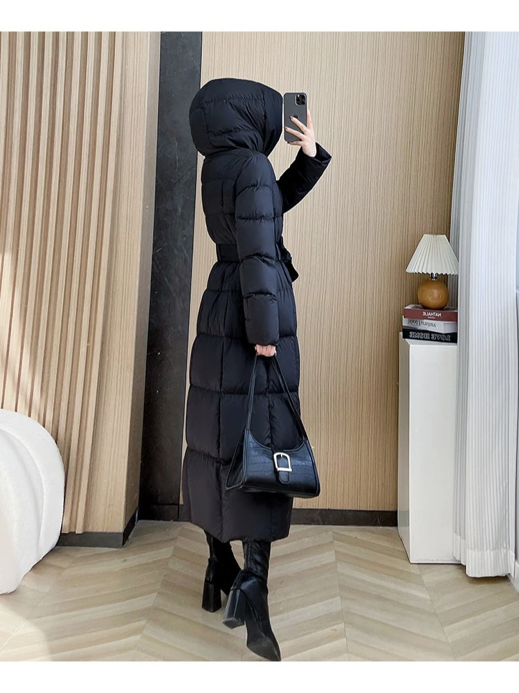 Winter New Long Style Black Down Coat Women‘s Hooded Thickened Elegant Warm Luxurious Knee Length Goose Down Parka Jacket