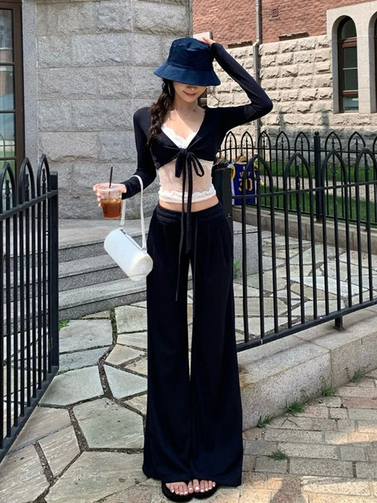 

Fashionable Three-Piece Set Straight Leg Wide Leg Pants Vest Top Elegant Complete Outfit Spring 2026 Comfortable Cotton Blend