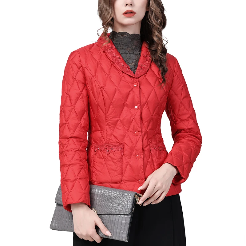 Doudoune brodée à col en v pour femme, manteau en coton rembourré, chaud, épais, Slim, court, rouge, en duvet de canard, 2022