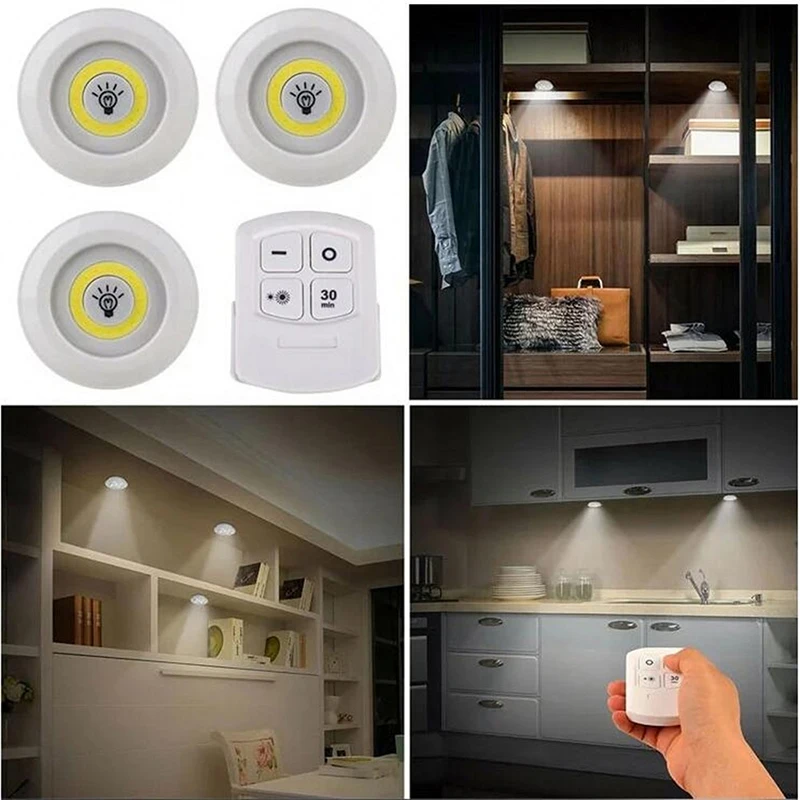 

3W Super Bright Under Cabinet Light LED Wireless Remote Control Dimmable Wardrobe Night Lamp Home Bedroom Kitchen Nightlight