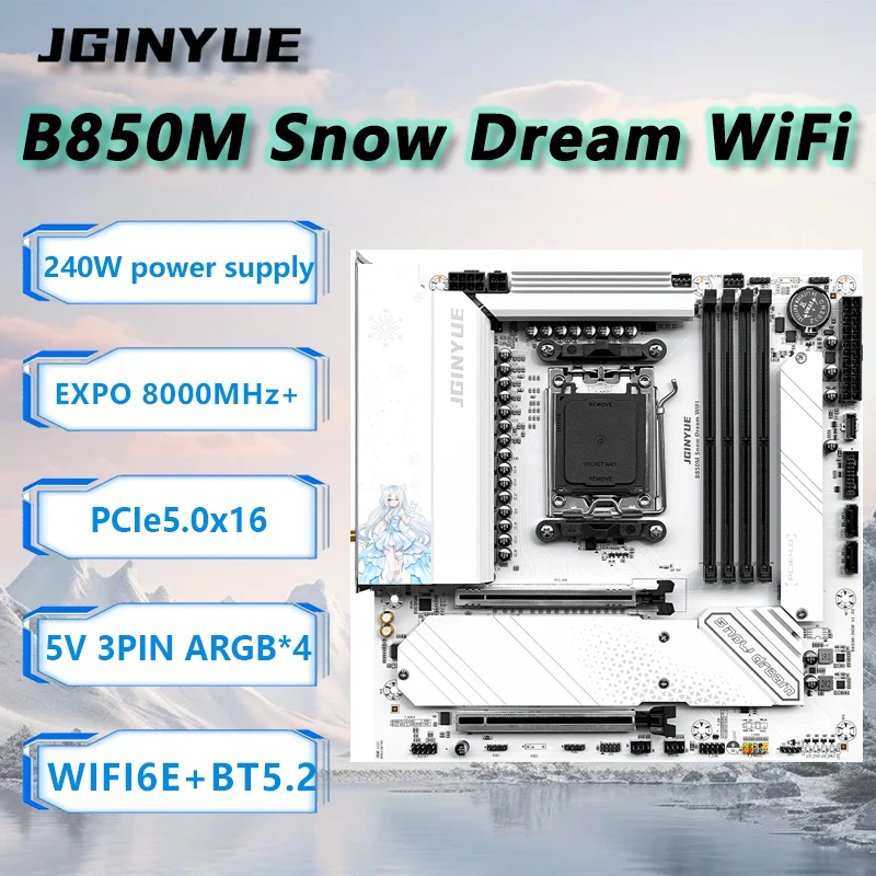 JGINYUE B850M Snow Dream WiFi AM5 Motherboard For AMD Ryzen 9000/ 8000/ 7000 Series Desktop 4*DDR5 RAM PCIe5.0x16 BT5.2 4xARGB
