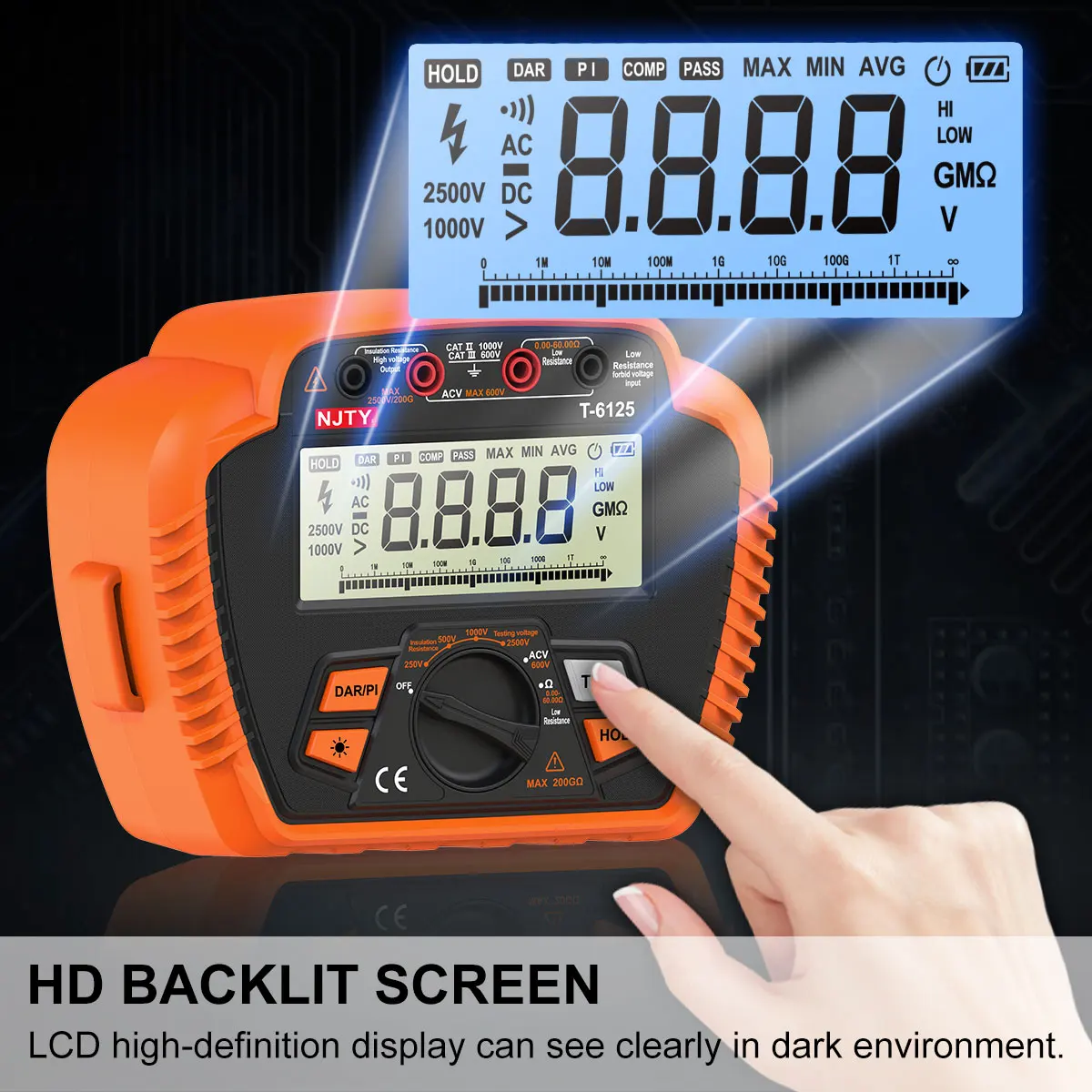 NJTY T6110 T6125 Digital Megohmmeter Meters Digital Insulation Resistance Tester 1000V/2500V 20GΩ 200GΩ Industrial Voltmemeter