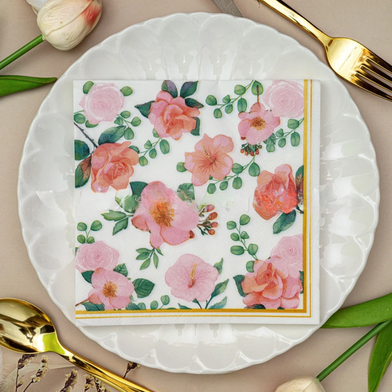 

20pcs/Pac 33cm Colorful Floral Gold Border Printed Napkins Square Butterfly Valley Bart Paper Wedding Disposable Paper Placemats