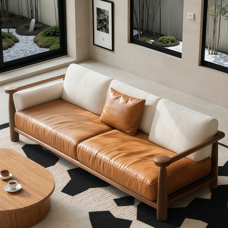 Sofa 2026 New Solid Wood Used Wabi-Sabi Style Living Room Three-Person Straight Row Natural Wood Furniture