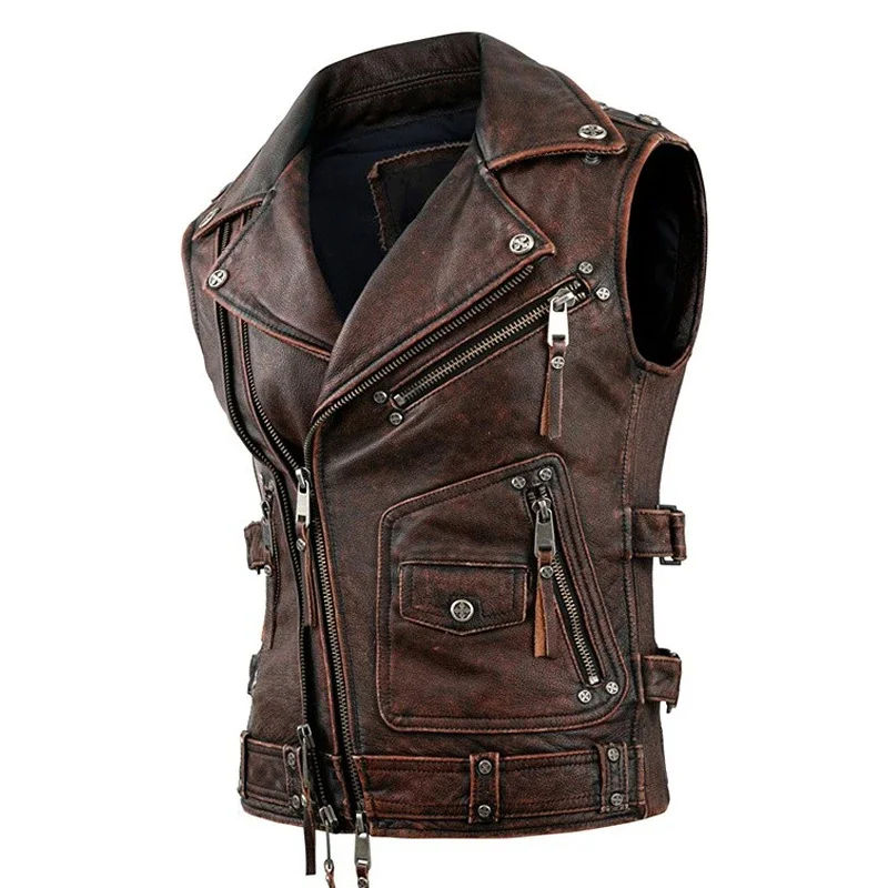 Riding Vest Motor Biker Jackets Vintage Brown Motorcycle Vests Men Natural Cowhide Genuine Leather Jacket Sleeveless Coat