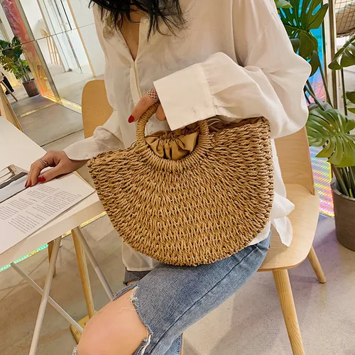Bolsos hechos a mano de verano para mujer, bolso tejido de paja para playa, bolso de playa envuelto, bolsos con asa superior en forma de luna, bolsos de mano