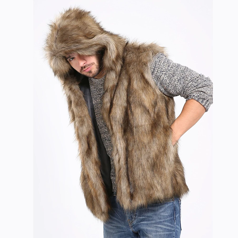 

Мужское пальто из искусственного лисьего меха, повседневный жилет, куртка, толстые теплые пальто, верхняя одежда без рукавов с капюшоном, короткие куртки, облегающие зимние теплые пальто