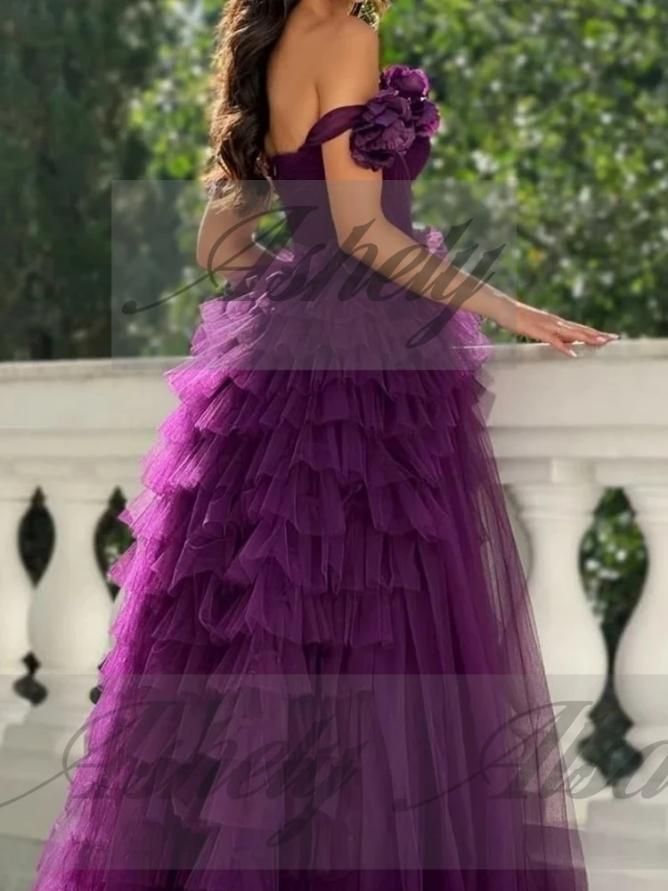A2862 고품질 퍼플 여성 이브닝 드레스 롱 원숄더 러플 티어드 튤 웨딩 게스트 파티 프롬 정장 맞춤 제작