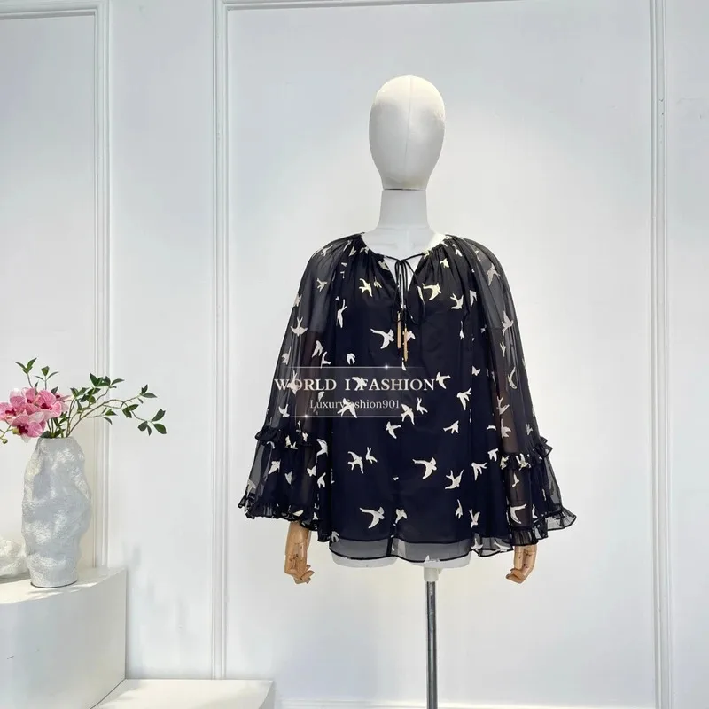 

Осенний новейший женский элегантный костюм 2025 года, черный галстук с принтом и золотыми переключателями, блузка с длинными рукавами большого размера