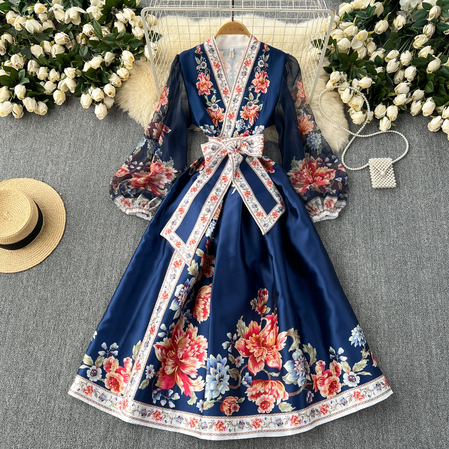 French Vintage Elegant Lace Up V Neck Puff Sleeve Print Dress A-line Fashion Spring Summer Vestidos Women Dresses