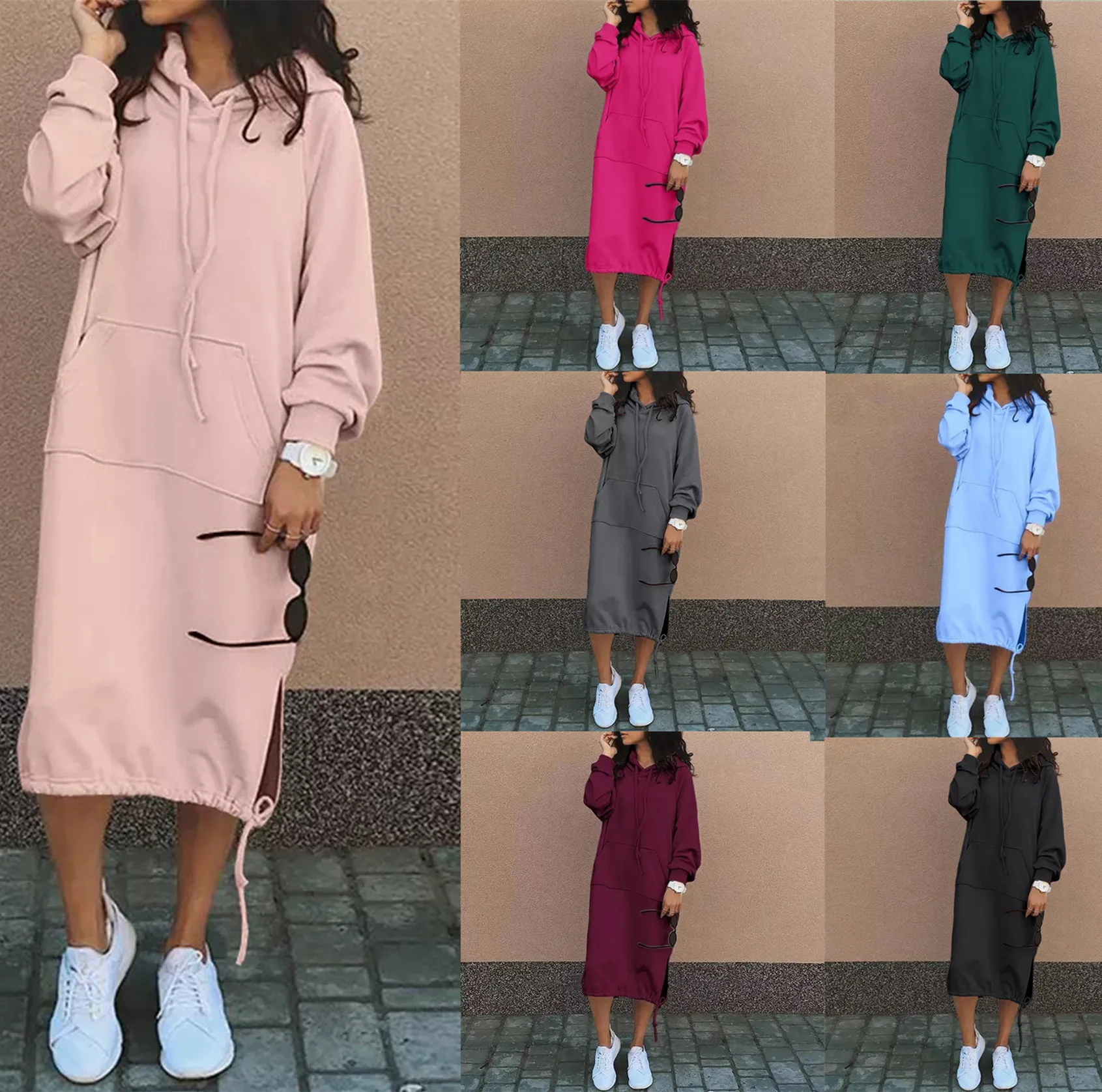 

Women Casual Solid Color Hoodie Dresses with Pocket Fashion Drawstring Slit Hooded Sweatshirt Dress Autumn Winter Pullover Tops