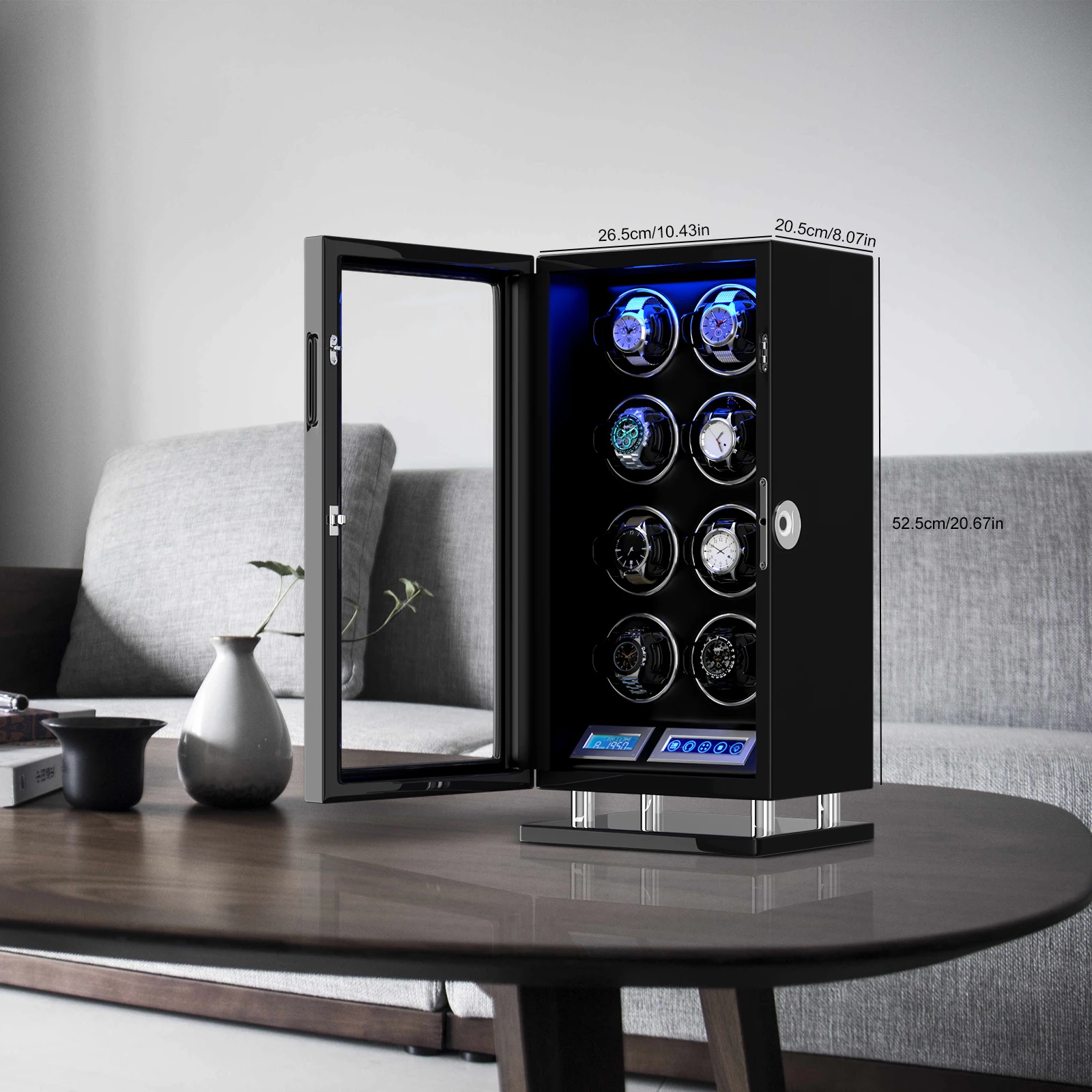 قفل بصمة الإصبع 8 صندوق لف ساعات للساعات الأوتوماتيكية مع شاشة LCD تعمل باللمس وصندوق تخزين عرض ضوء LED أزرق