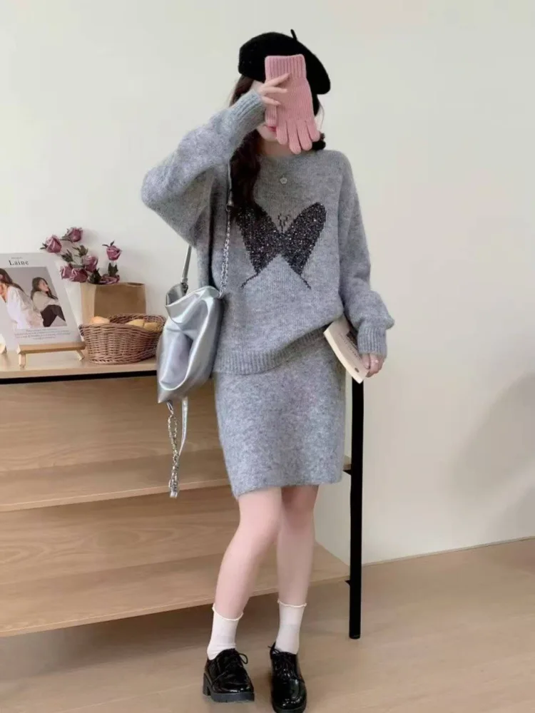 

Autumn Winter Women's Round Neck Long Sleeved Butterfly Sweater Tops And High Waist Knitted Short Skirt 2025 Two-piece Set Trend