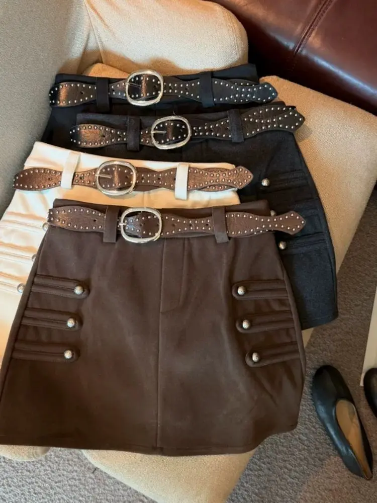 Retro Button Woolen Skirt Women Spice Girl High Waist and Thin Design Short Skirt Women