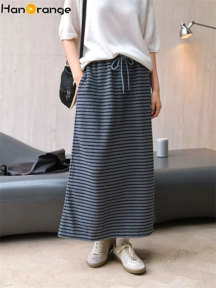 HanOrange 2024 Autumn Lazy Casual Striped Skirt Thick Skinny Back Split Straight Skirt Blue/Gray