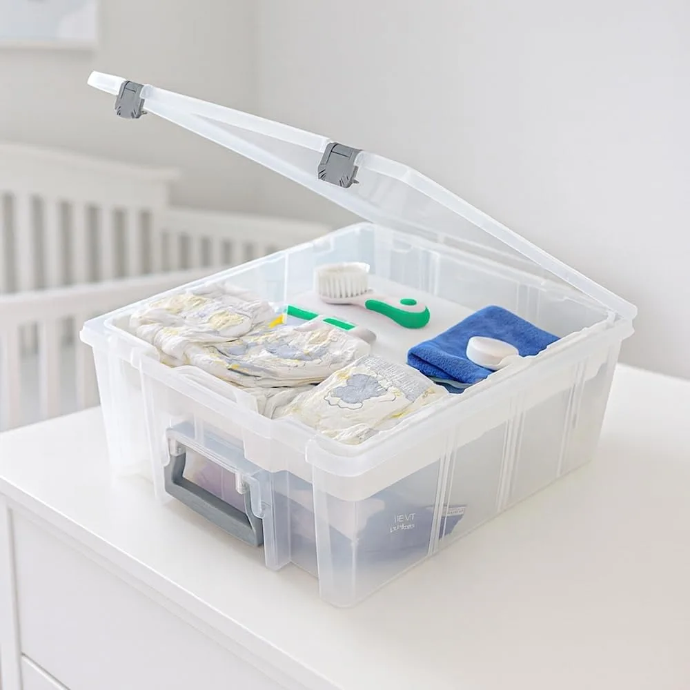 Podwójna, bardzo duża torba z wysuwaną tacką i wyjmowanymi przegródkami do organizacji przechowywania w domu.