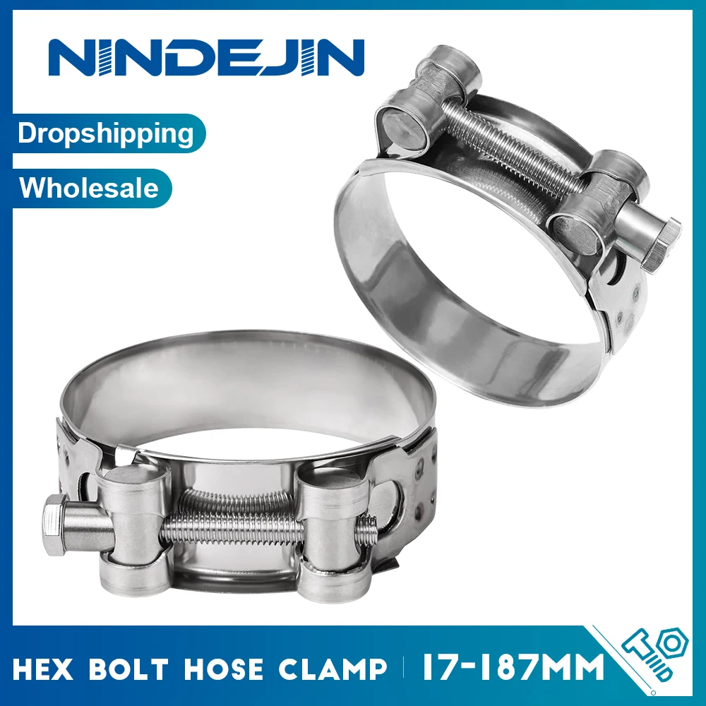 1piece Heavy Duty Bolt Hose Clamps 304 Stainless Steel Strong Adjustable Hex Bolt Wide Band Pipe Clamp for Automotive Plumbing