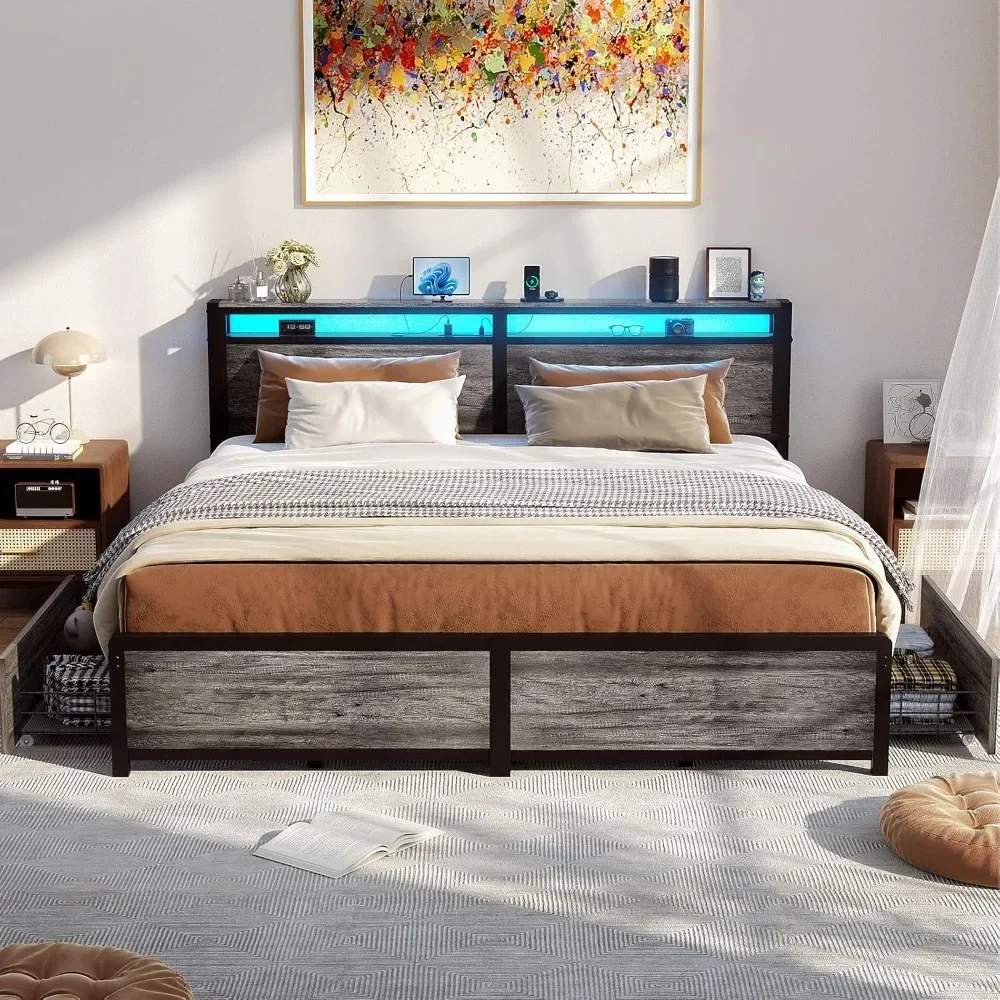 

BestsellerKing Size Bed Frame with Storage Drawers, Charging Station, LED Lights - Easy Assembly, No Box Spring Needed