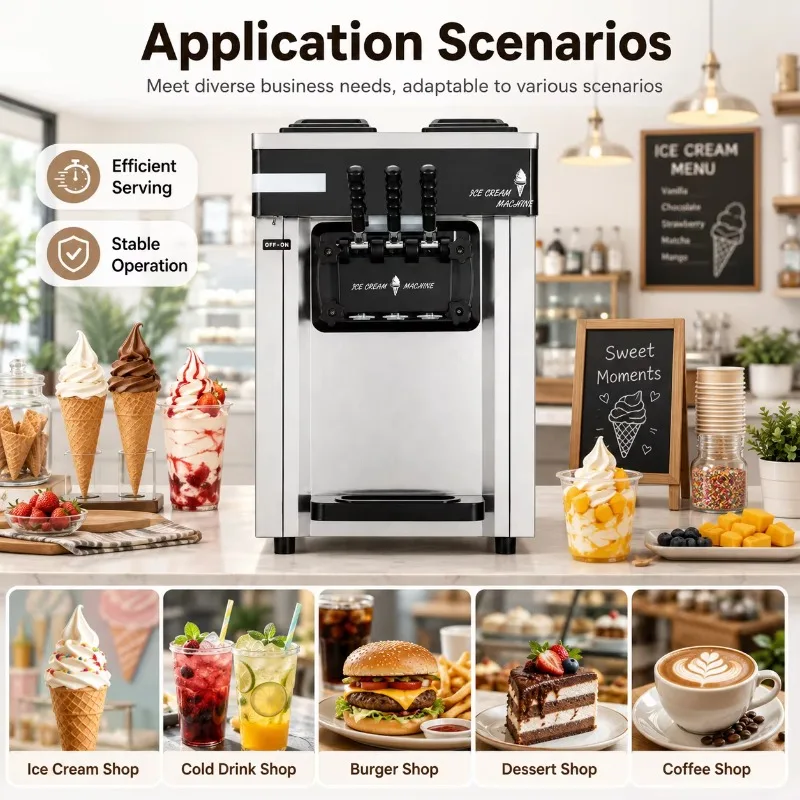 Professional 3 Flavor Vertical Soft Serve Ice Cream Machine Stainless Steel Frozen Yogurt Dispenser for Busy Snack Bar Shop