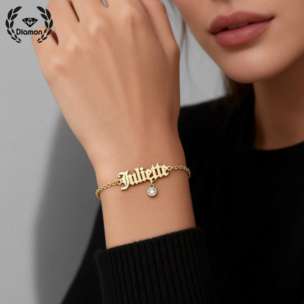 Diamon Custom Name Bracelet with Clean Shiny Zircon for Women Personalized Stainless Steel Birthstone Jewelry Birthday Gift