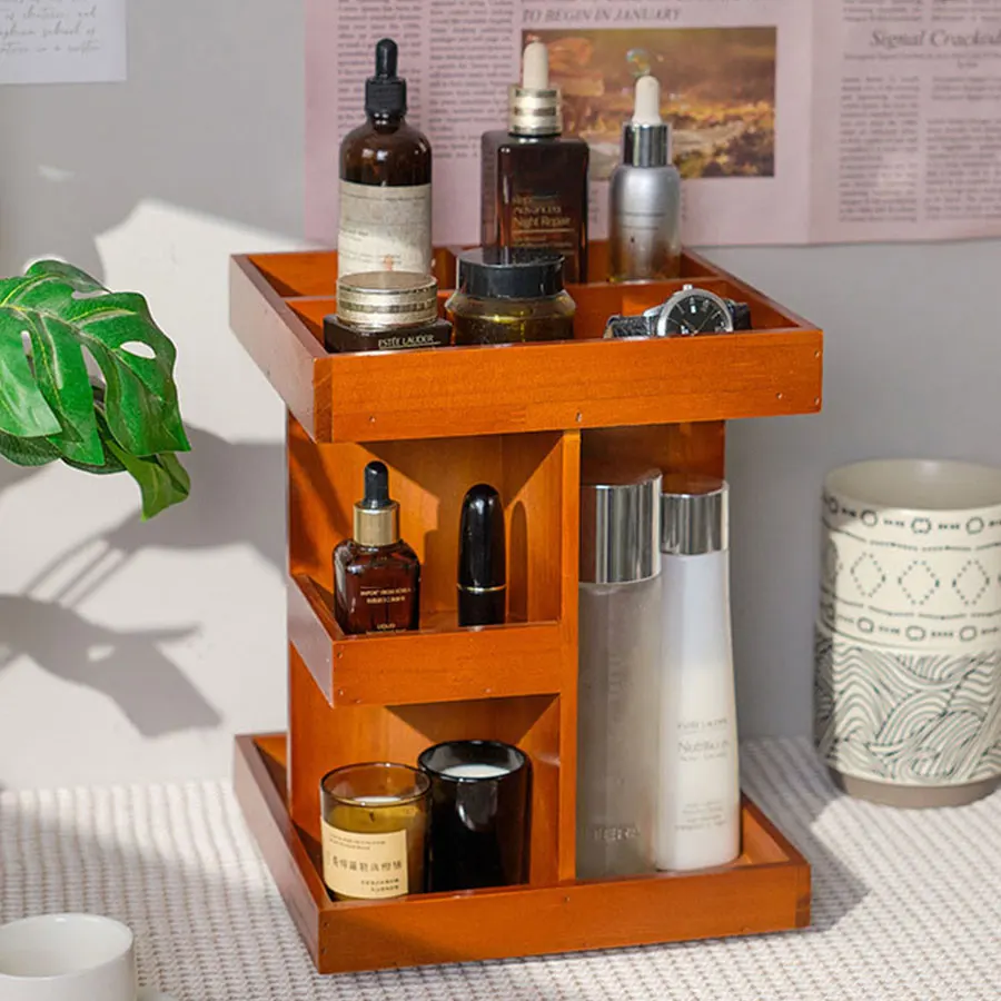 

1Pcs Rotating Cosmetics Storage Rack, Wooden Retro Desktop Rotating Rack, Multi-Layer Cosmetics Storage Box, Multi-Functional Storage Rack, Wooden Multi-Layer Perfume Display Rack