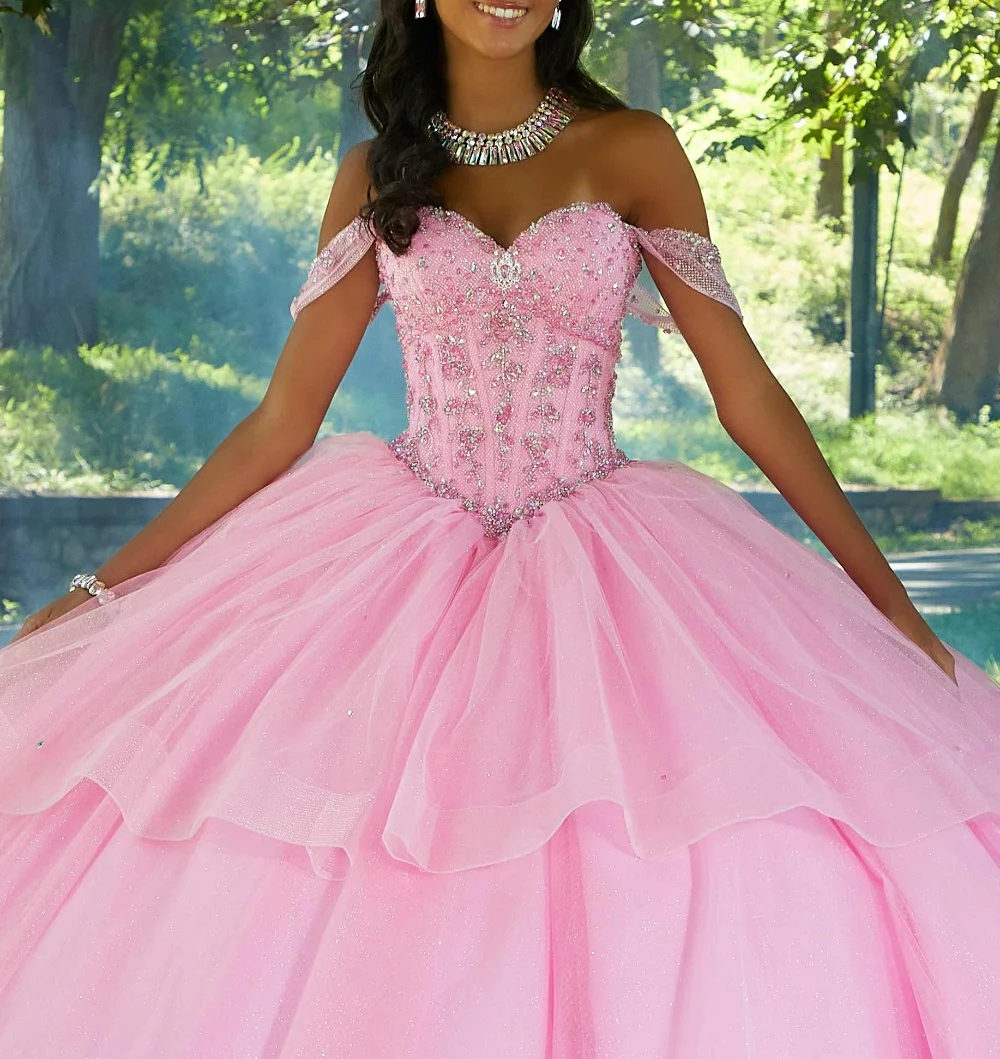 EVLAST Customized Pink Quinceanera Dress Ball Gown Rhinestone Crystal Beaded Ruffles Flounced Sweet 16 Vestido De 15 Anos TQD076