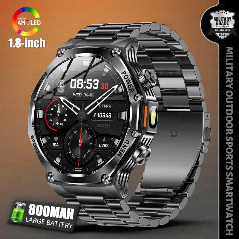 

1.8'' AMOLED Military Smart Watch LED Flashlight 5ATM Waterproof 800mAh Bluetooth Call Health Tracker Outdoor Sports Smartwatch