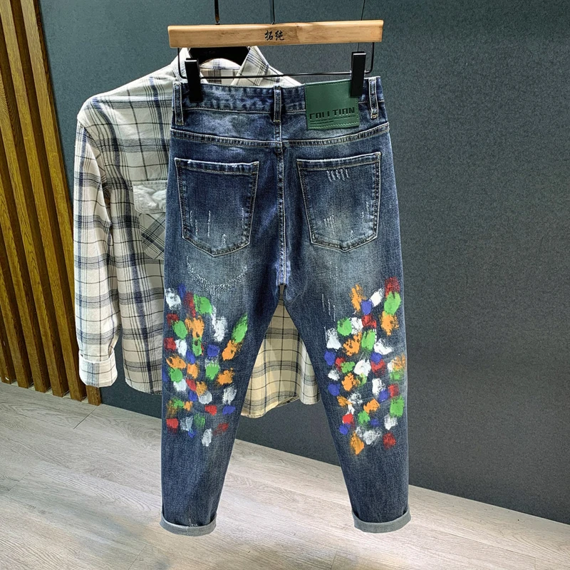 Graffiti Jeans Men Streetwear Fashion Spray-painted Y2K Skinny Jeans Pants Male Elastic Frayed Colored Drawing Denim Trousers