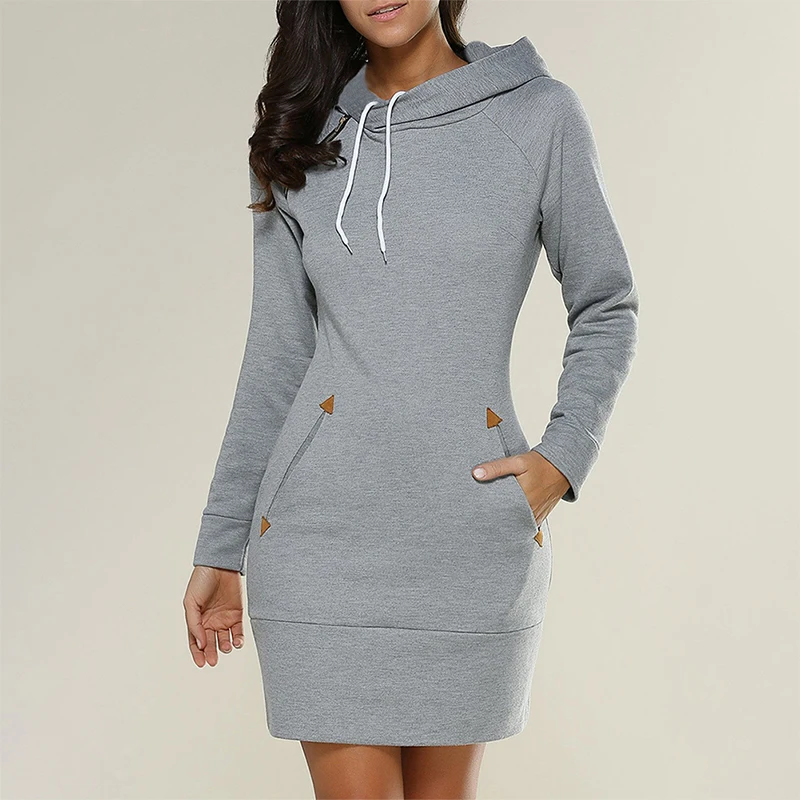 Fashion gaun lengan panjang wanita, gaun Hoodie pendek warna Solid musim gugur dan musim dingin