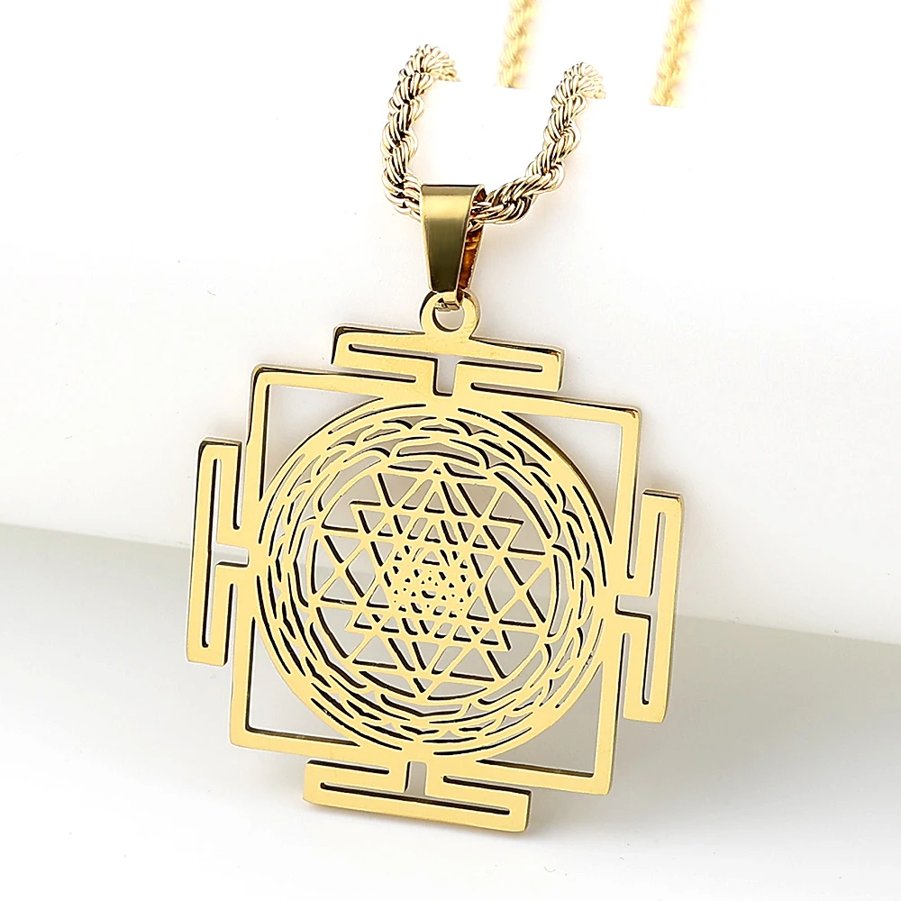 Yoga Hindu Sri Yantra Mandala Pendant Necklace for Women Men Stainless Steel Sacred Geometry Tantra Meditation Chain Jewelry