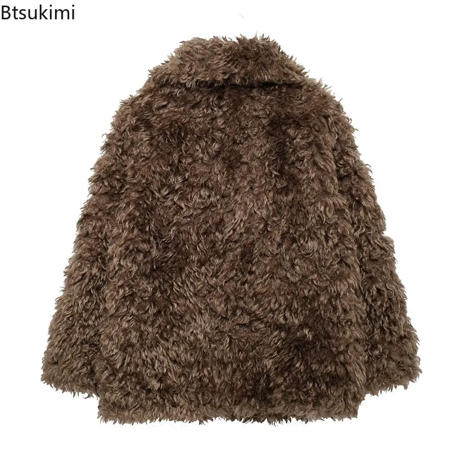 2025 Winter Autumn Women Faux Fur Jacket Solid Lapel Long Sleeves Medium Length Thick Coat Casual Loose Warm Faux Fur Overcoat