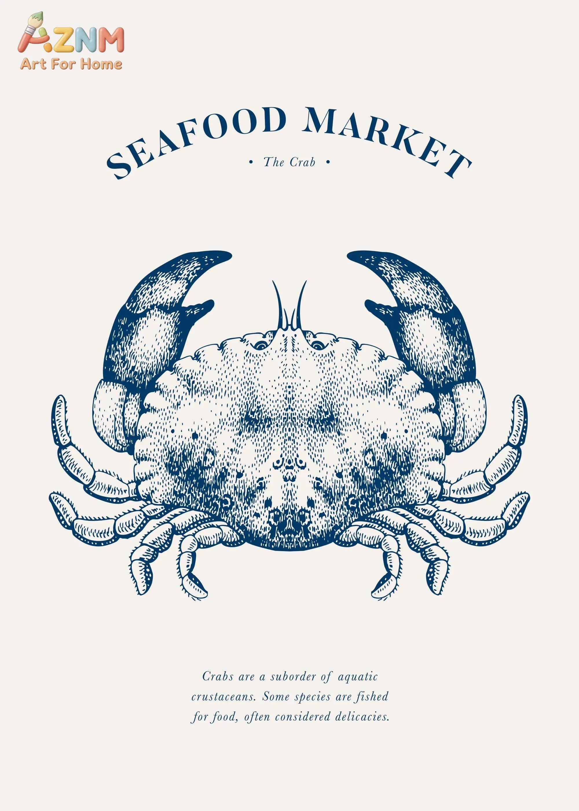 Vintage Seafood Market Canvas Prints, Blue Line Sketch Oyster Crab Minimal Coastal Kitchen Wall Decor Unframed Canvas