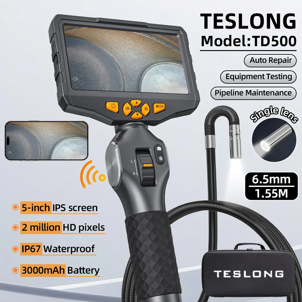 

6.5 Single Lens Two Way 360° Steering Endoscope Camera 5 Inch HD Screen IP67 Waterproof 1.55m Snake Tube with 32G Memory Card
