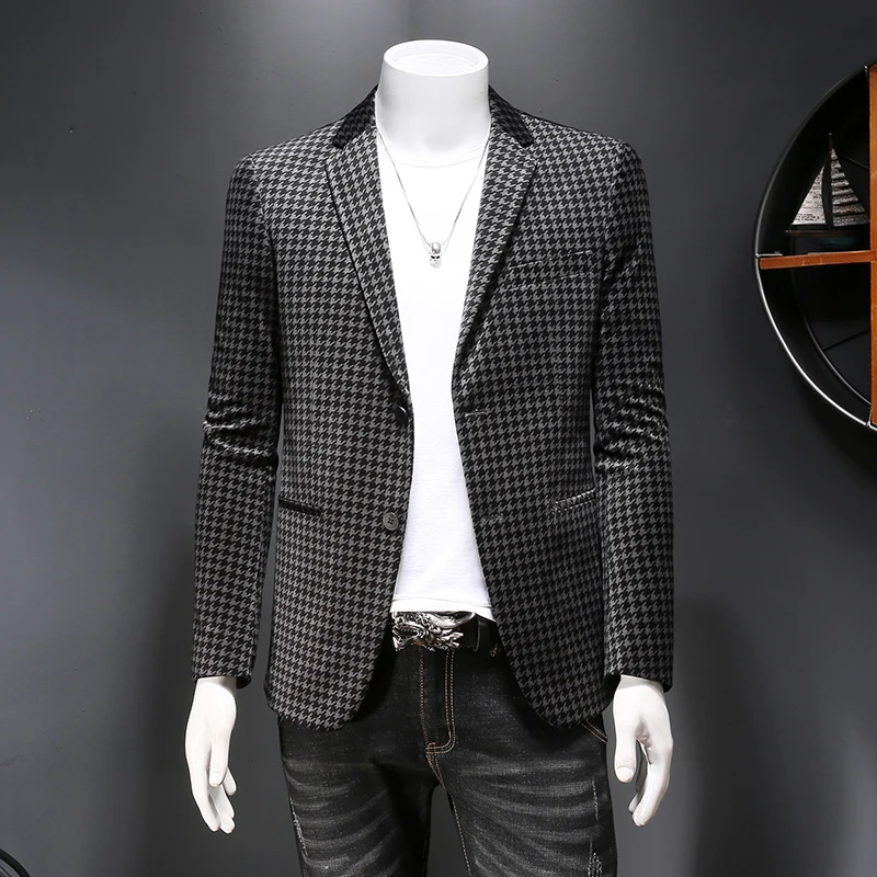 

2024 Korean Men's Cashmere Checkered Fashion Handsome Business Leisure Autumn and Winter Suits Canary Small Suit M-4XL