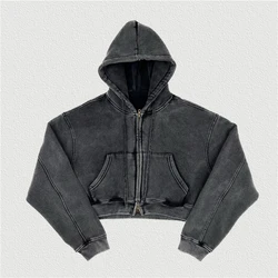 Retro Winter Women Oversize Super-Short Zipper Hoodies Female Thick Fleece Hooded Coat 355gsm