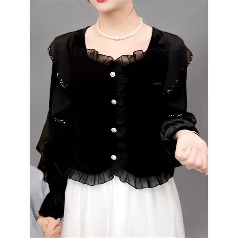 

Fashionable Velvet Shirt with Fungus Edge Women's Shirts Blouse 2026 Spring Autumn New Lotus Leaf Long Sleeve Slimming Top