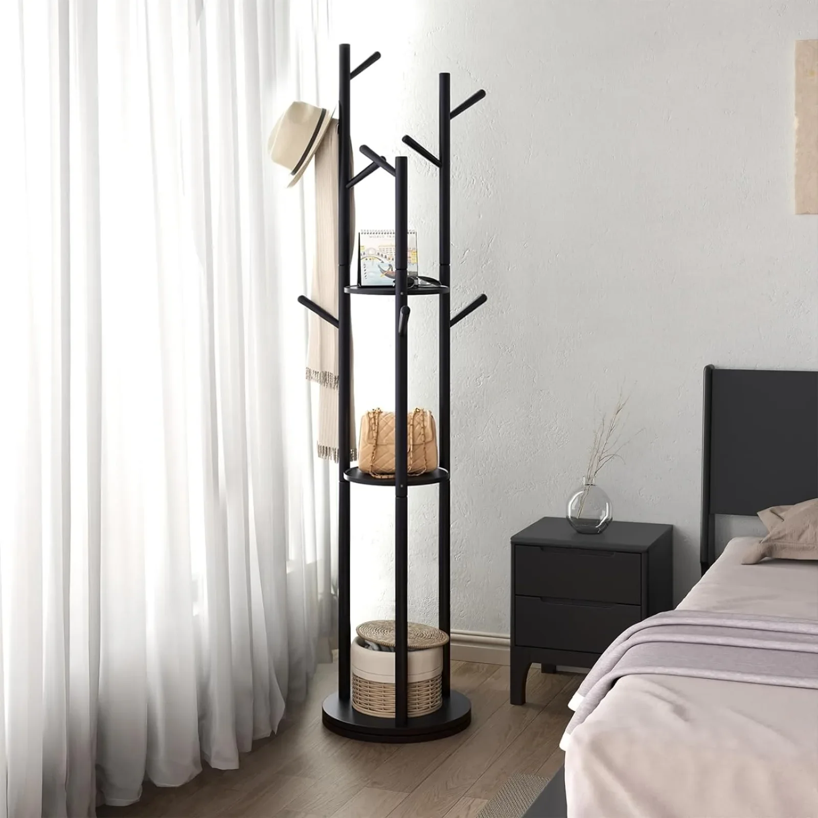 KungFuWood Rotary Coat Rack, Wooden Coat Rack, Freestanding with 3 Shelves and 9 Hooks, Coat Tree