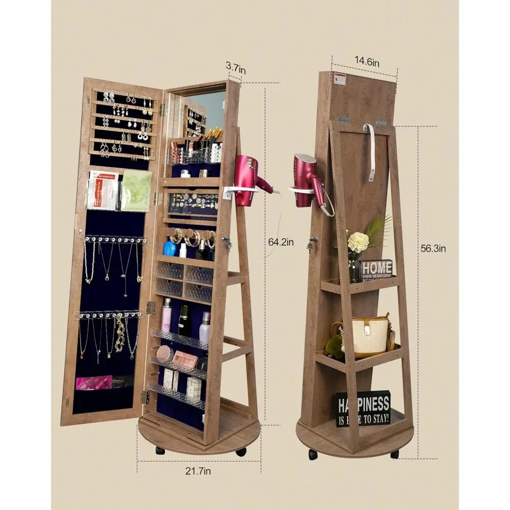 Jewelry Armoire with Mirror, Lockable,Full Length Mirror with Storage, Rear Storage Shelves,with Lights,360° Swivel