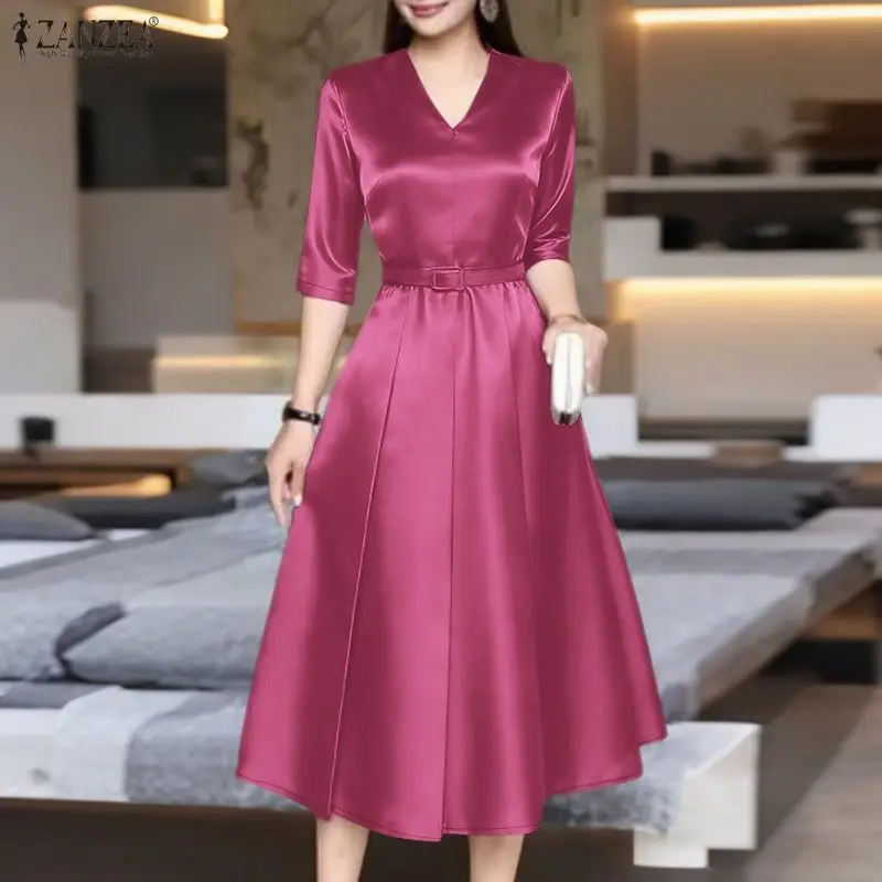 2026 ZANZEA Sommer Büro-Arbeitskleider Elegante Damen Satin-Kleider V-Ausschnitt Kurzarm Plissiertes Sommerkleid Tailliertes Partykleid Vestido
