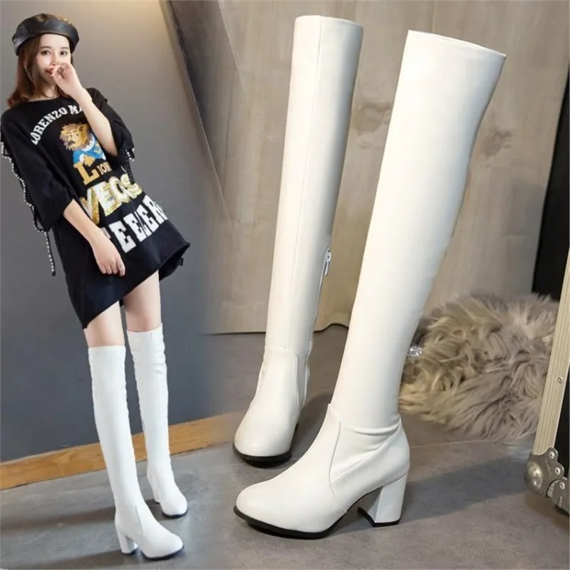 

Осень/зима 2022, новые модные утягивающие женские сапоги выше колена, водонепроницаемые кожаные сапоги, резиновые длинные туфли на толстом каблуке