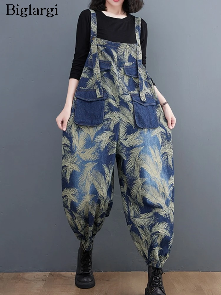 Jeans Autumn Pant Women Floral Print Fashion Ladies Overalls Trousers Casual Loose Oversized Pleated Woman Overalls Pants