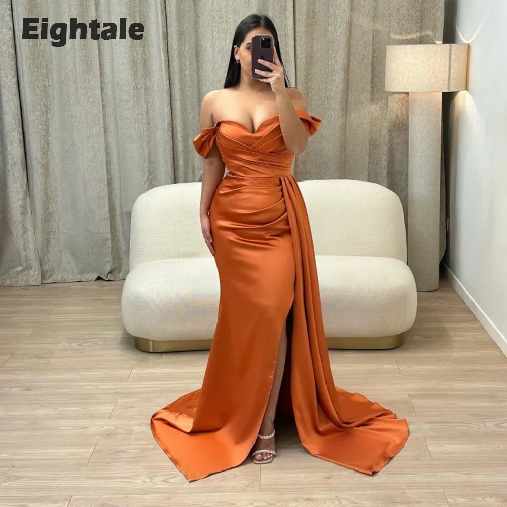 

Eightale Orange Evening Dress Mermaid Off Shoulder Pleats Side Slit Prom Gown Wedding Party Gown abiye elbise kadin