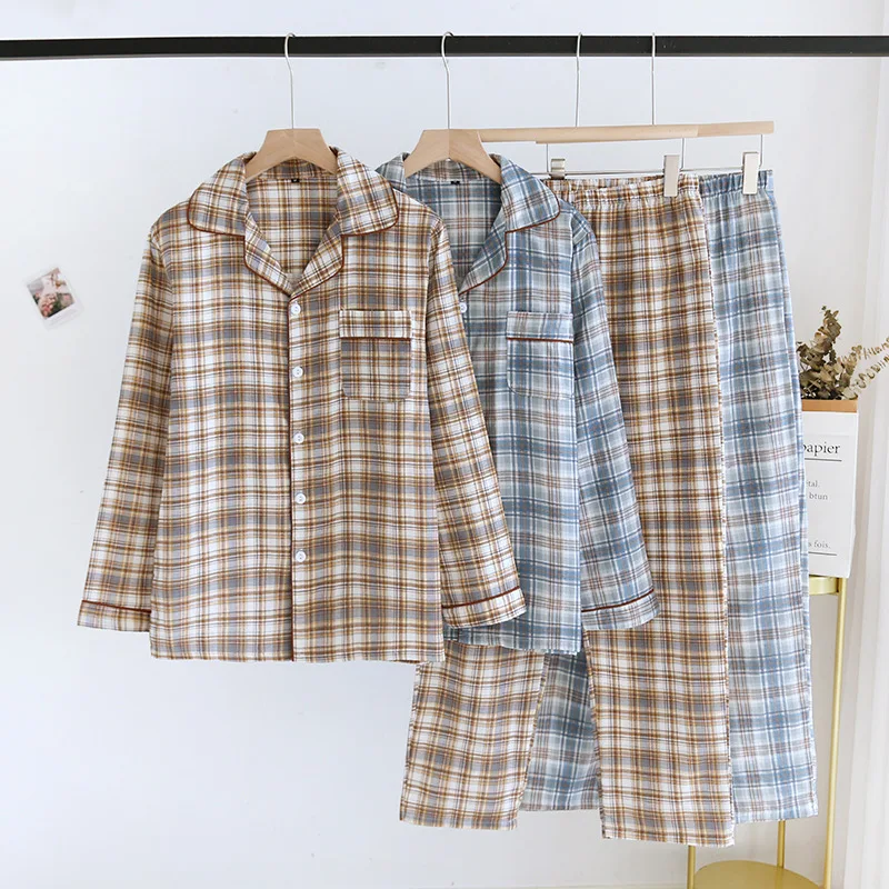 2024 Spring Autumn Men Casual Plaid Pajama Sets Male 100% Cotton Sleepwear Suit Long Sleeve Turn-down Collar Shirt & Pants