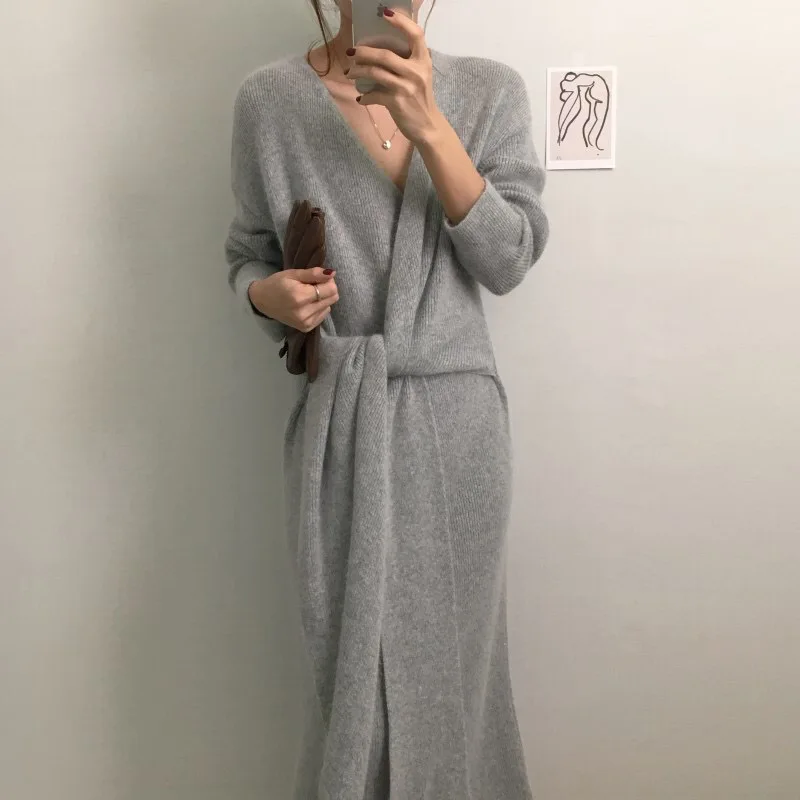 Qisin Korean Belted Long Sweater Sexy Kneck Cardigan Knitted Dress Autumn Fashion Casual Solid Color Knitwear Elegant Long Tunic