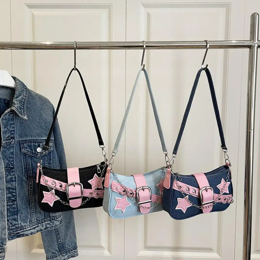 Sacs à main tendance pour femmes, motif étoiles en jean, sacs sous le bras cool pour filles, petits sacs hobo à bandoulière pour femmes, sacs fourre-tout à chaîne