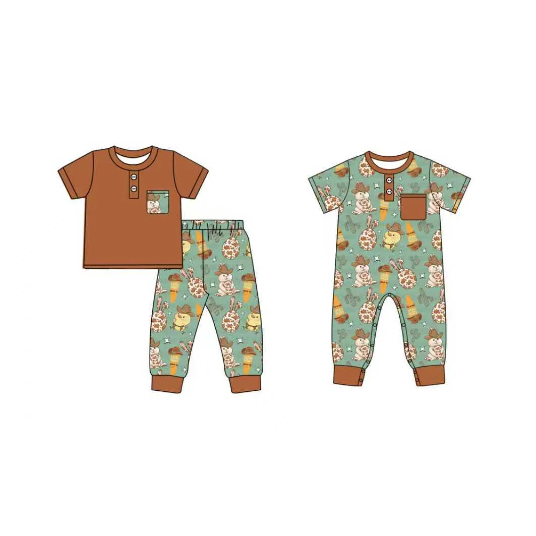 Boutique Casual Clothes for Baby Romper Short Sleeve Western Easter Toddler Outfit Cowboy Bunny Cactus Print Pants Set