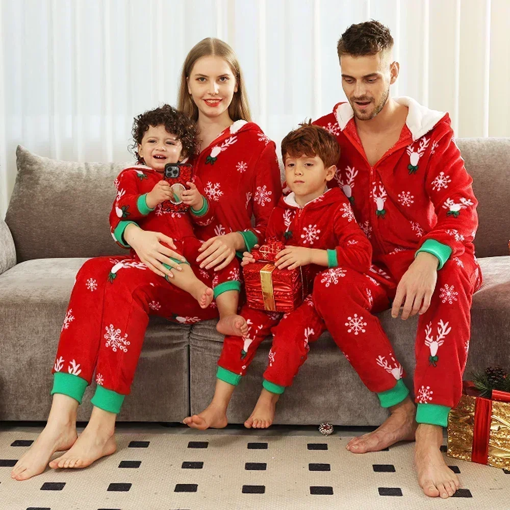 New Family Christmas Clothes Red Flannel Pajamas Warm Soft Jumpsuit Print Parent-child Matching Outfits Hooded Romper Xmas Look image 6
