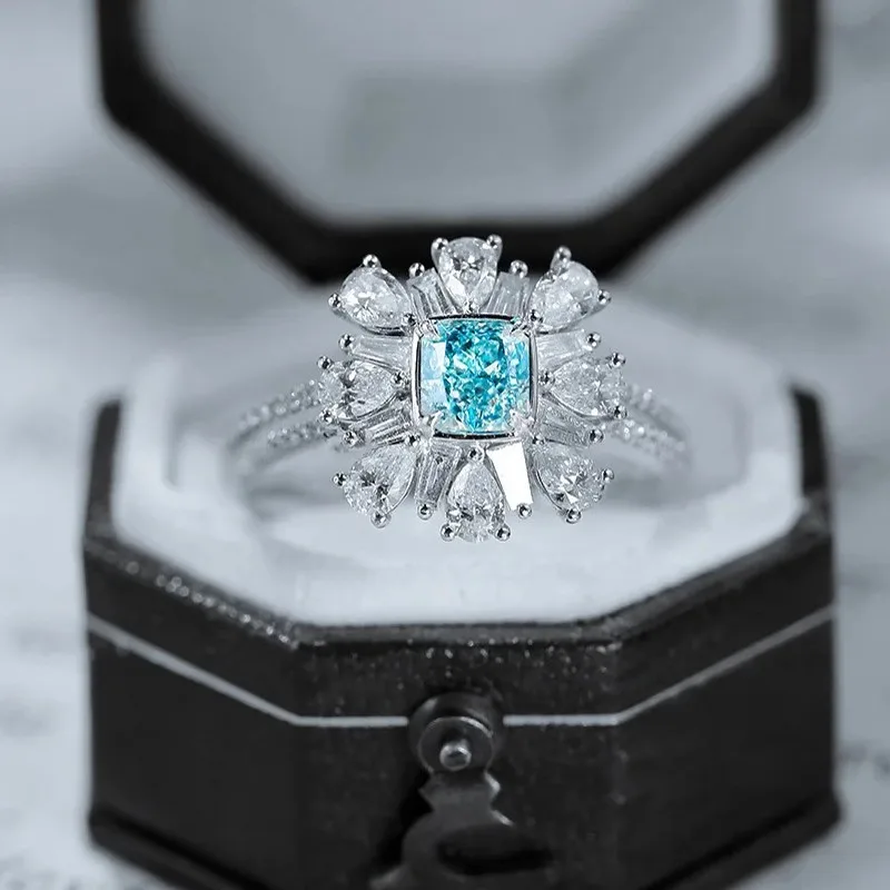 

Luxury Solid Silver Wedding Engagement Rings for Women 2ct Square Sky Blue Simulated Diamond Ring 925 Pure Silver Fine Jewelry