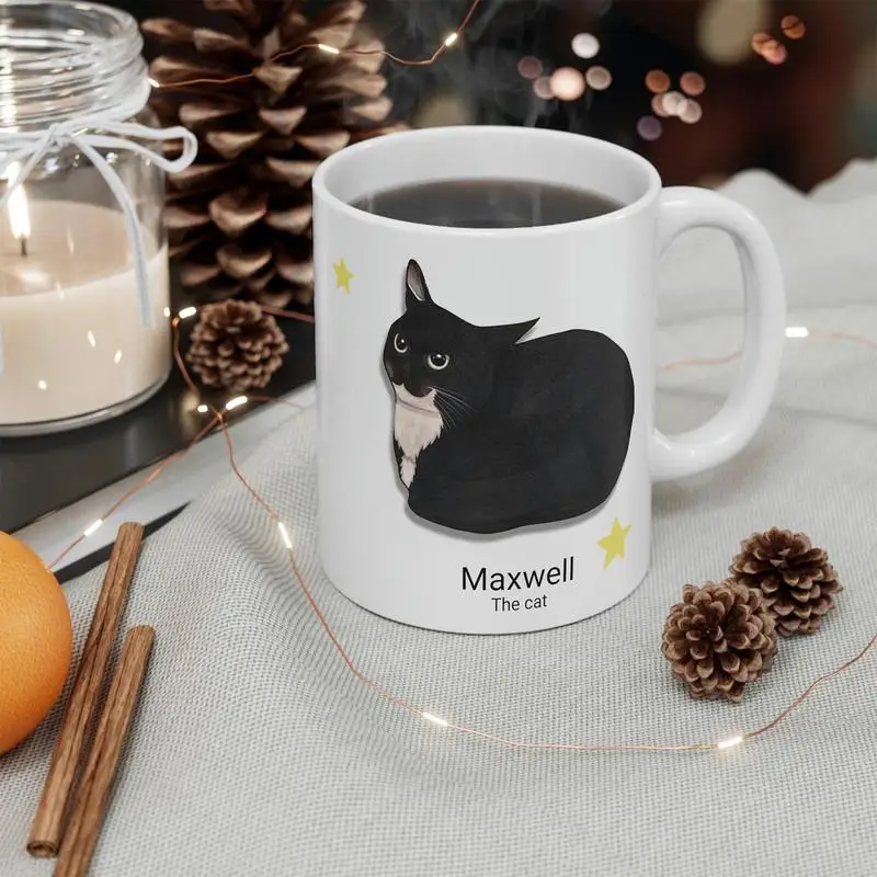 11.8oz Maxwell The Cat Ceramic Cup Coffee Mug For Cat Lover And Board Base And Easy Grip C-shaped Handle 350ML Cat Coffee Mugs