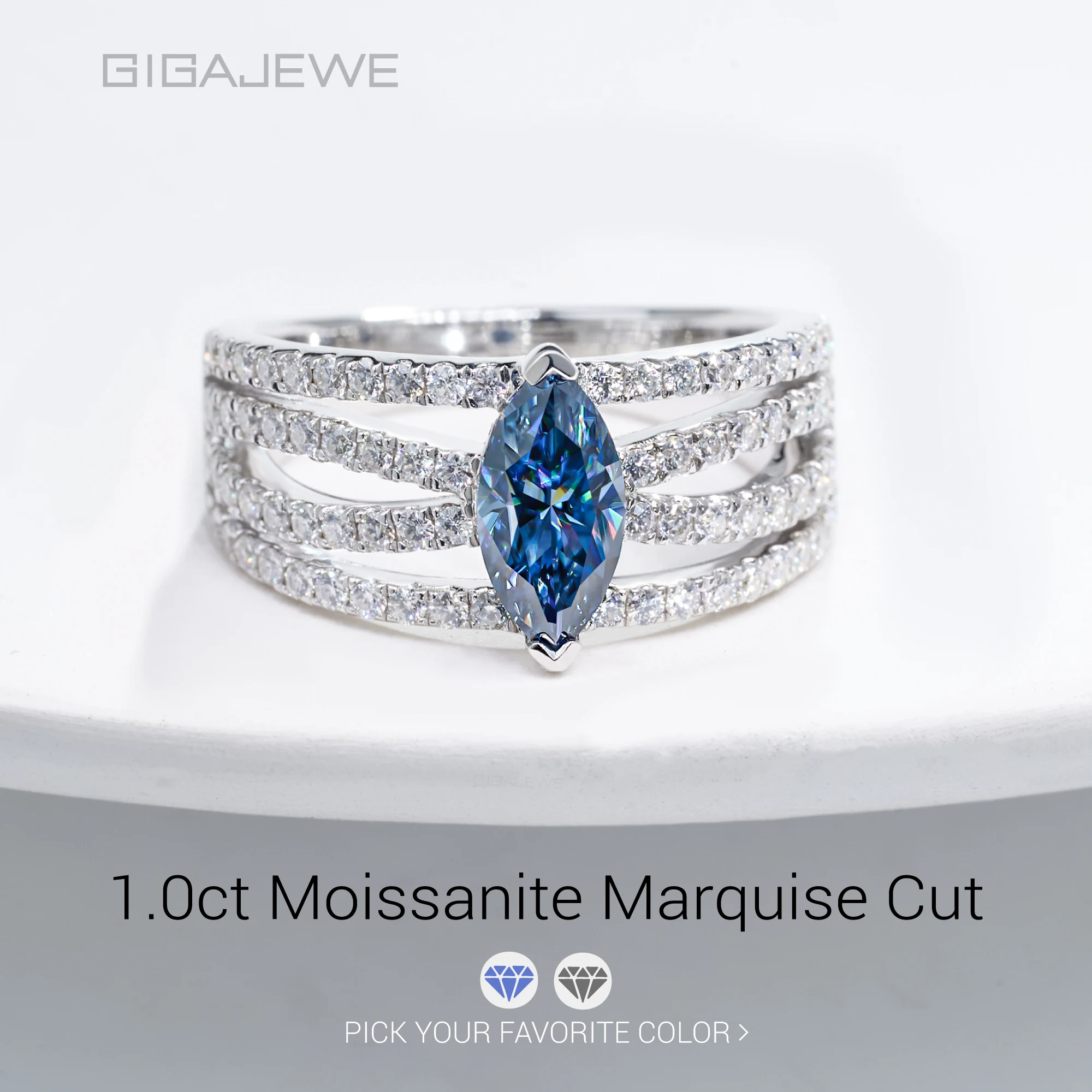GIGAJEWE Nova Blue Marquise Moissanite Ring for Women 1.5ct 5x10mm Handcrafted VVS1 Blue Stone Jewelry Solid 925 Silver Gift